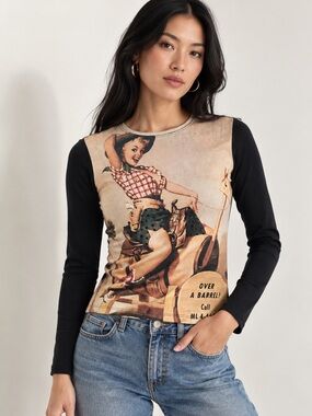 Virgin Only Vintage Y2K Western Cowgirl Pin Up Embellished Stretch Top Sz Medium